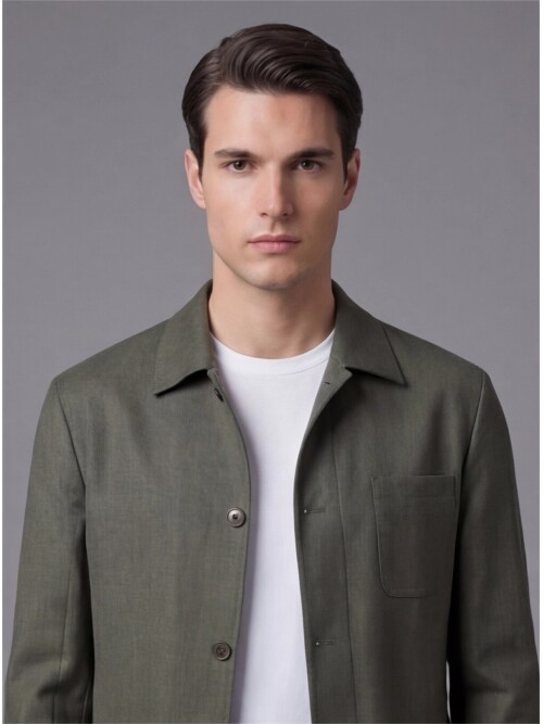 Haki Gömlek Yaka Düğmeli Torba Cepli Takım