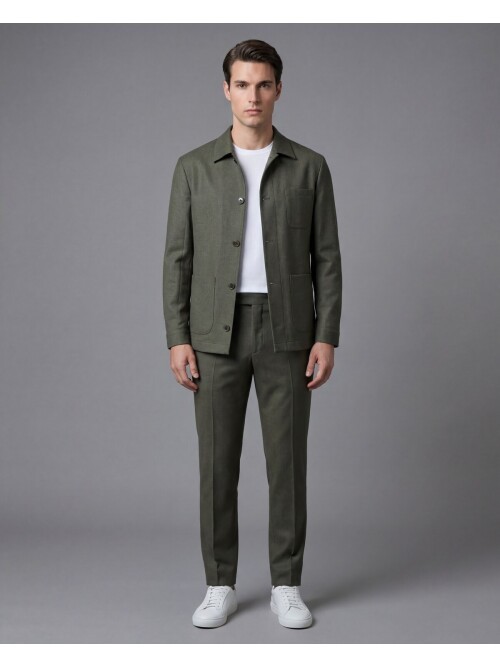 Haki Gömlek Yaka Düğmeli Torba Cepli Takım