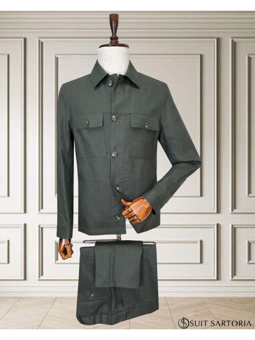 Haki Keten Safari Takım Elbise