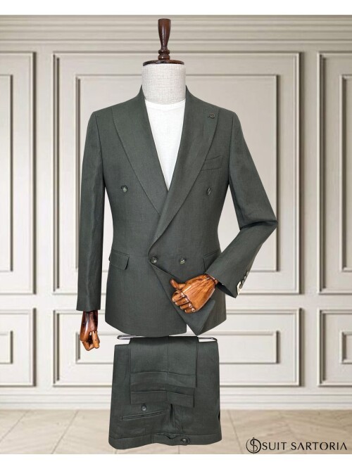 Haki Sivri Yaka 4 Düğme Keten Takım Elbise