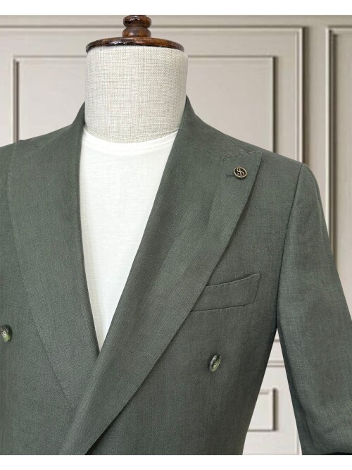 Haki Sivri Yaka 4 Düğme Keten Takım Elbise