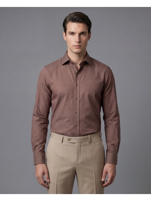Kahverengi Çizgili Uzun Kollu Slim Fit Sivri Yaka Gömlek