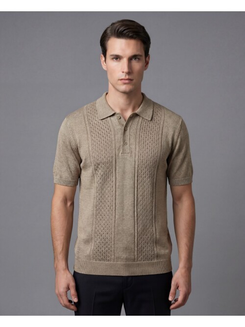 Kahverengi Polo Yaka Mikro Desenli 3 Düğmeli Triko Tişört