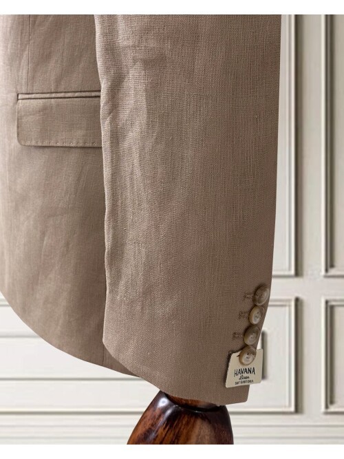 Kahverengi Sivri Yaka 2 Düğme Keten Takım Elbise