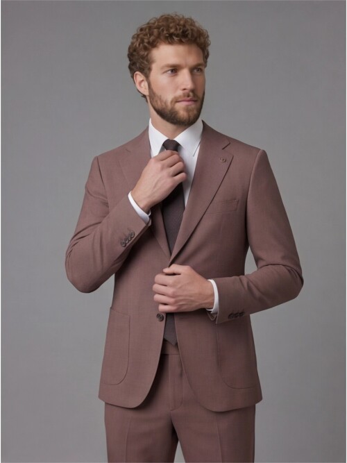Brick Red Slim Fit Notch Lapel Suit with Patch Pockets