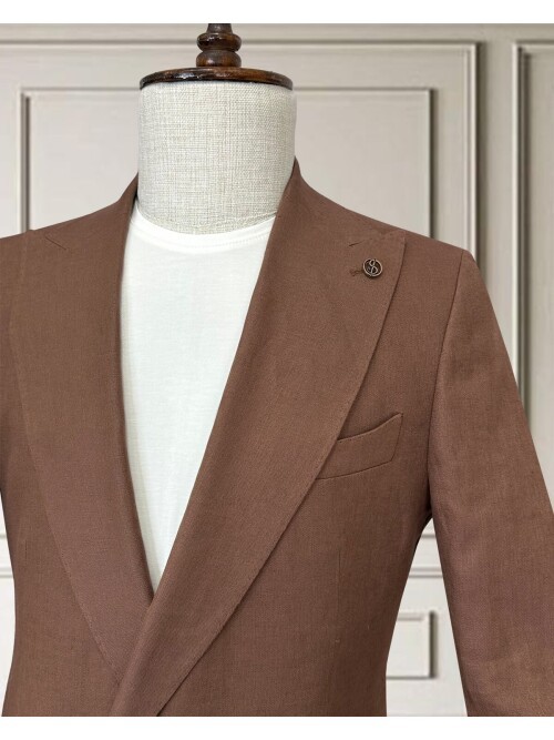 Kiremit Sivri Yaka 2 Düğme Keten Takım Elbise