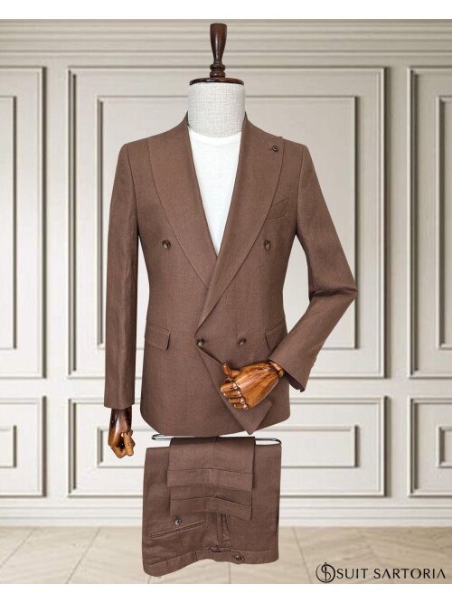 Kiremit Sivri Yaka 4 Düğme Keten Takım Elbise