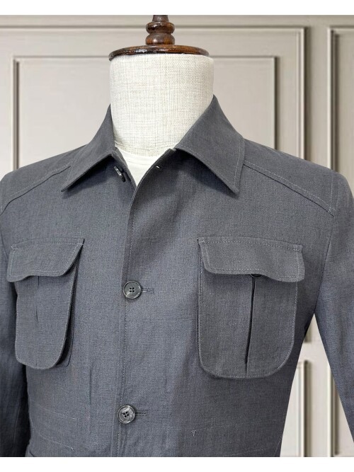 Koyu Gri Keten Safari Model Dört Cepli Takım Elbise