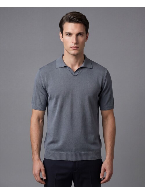 Dark Grey Polo Collar Short Sleeve Knitwear