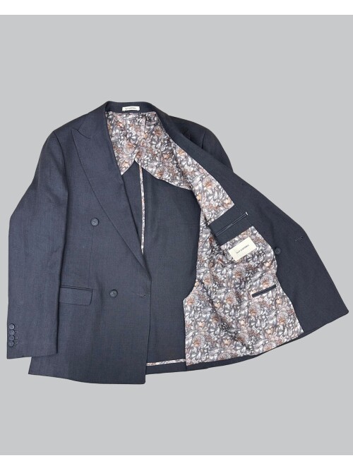 Koyu Gri Sivri Yaka 4 Düğme Keten Takım Elbise