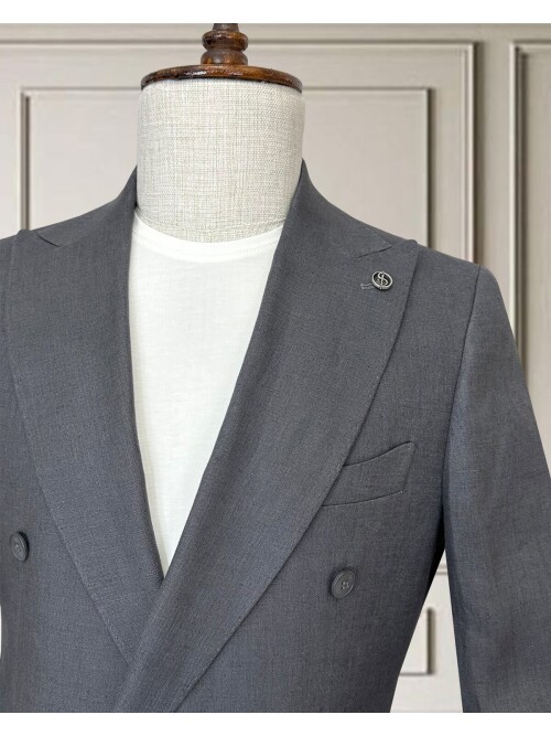 Koyu Gri Sivri Yaka 4 Düğme Keten Takım Elbise