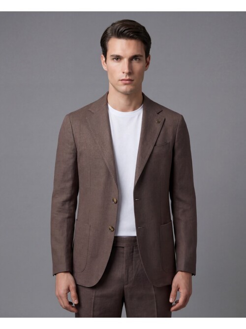 Koyu Kahverengi Mono Yaka Comfort Fit Torba Cepli Takım Elbise