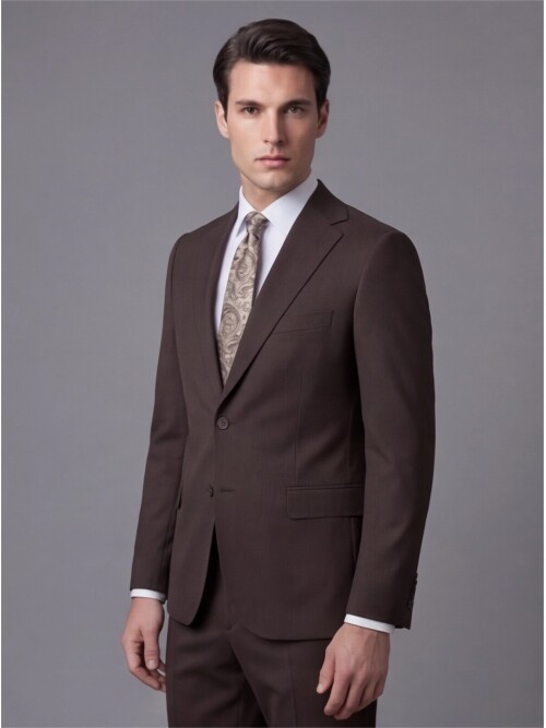 Koyu Kahverengi Mono Yaka İki Düğmeli Takım Elbise