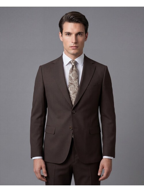 Koyu Kahverengi Mono Yaka İki Düğmeli Takım Elbise