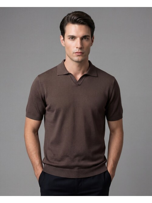 Dark Brown Polo Neck 3-Button Short Sleeve Knit