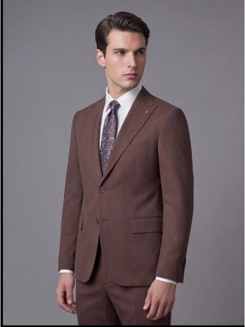Koyu Kahverengi Sivri Yaka İki Düğmeli Slim Fit Takım Elbise