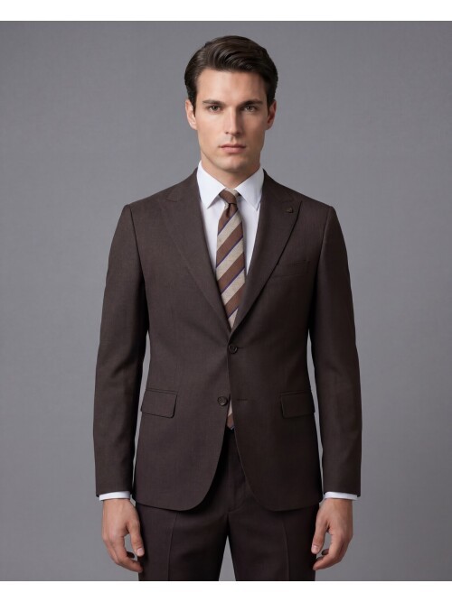 Koyu Kahverengi Sivri Yaka İki Düğmeli Slim Fit Takım Elbise