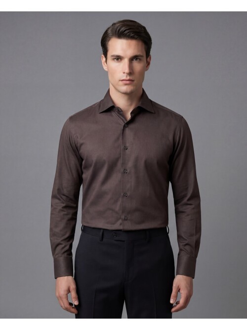 Koyu Kahverengi Slim Fit Uzun Kollu Klasik Yaka Gömlek