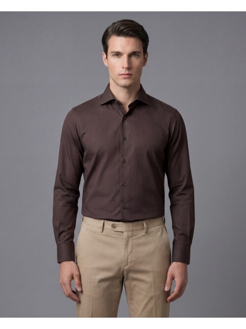 Koyu Kahverengi Slim Fit Uzun Kollu Klasik Yaka Gömlek