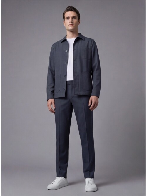 Koyu Mavi Gömlek Yaka Düğmeli Torba Cepli Takım