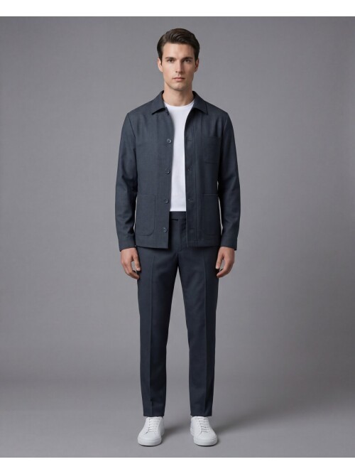 Koyu Mavi Gömlek Yaka Düğmeli Torba Cepli Takım