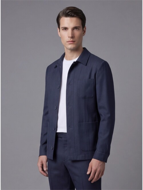 Koyu Mavi Gömlek Yaka Düğmeli Torba Cepli Takım