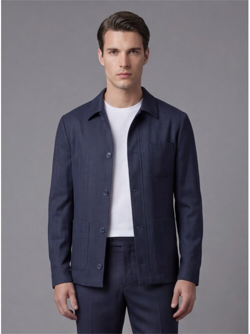 Koyu Mavi Gömlek Yaka Düğmeli Torba Cepli Takım