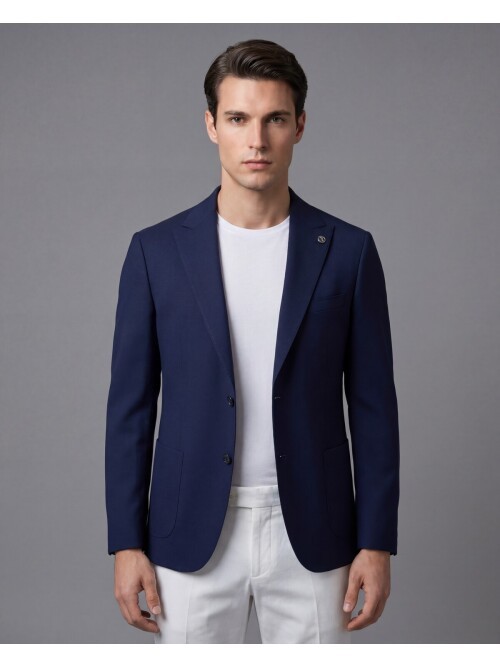 Dark Blue Peak Lapel Patch Pocket Comfort Fit Blazer