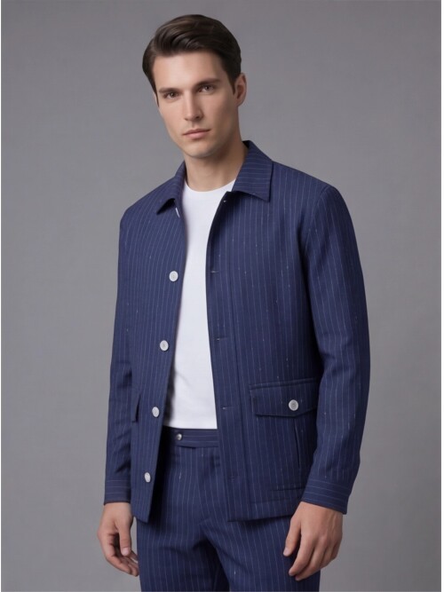 Lacivert Çizgili Gömlek Yaka Düğmeli Torba Cepli Takım