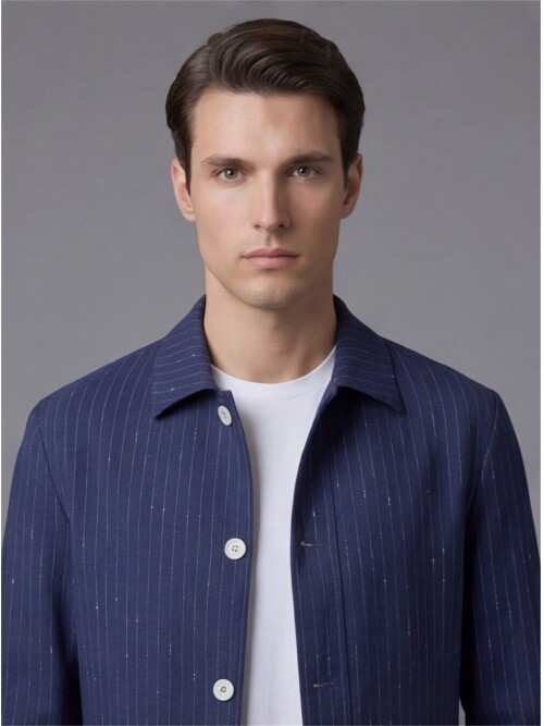 Lacivert Çizgili Gömlek Yaka Düğmeli Torba Cepli Takım