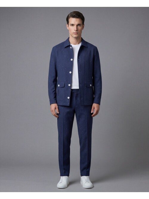 Lacivert Çizgili Gömlek Yaka Düğmeli Torba Cepli Takım