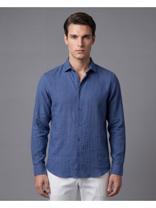 Lacivert Çizgili Regular Fit Uzun Kollu Gömlek