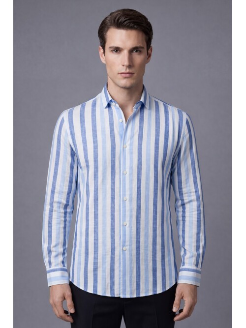 Lacivert Çizgili Regular Fit Uzun Kollu Gömlek