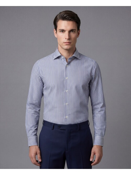 Lacivert Çizgili Slim Fit Uzun Kollu Klasik Yaka Erkek Gömlek