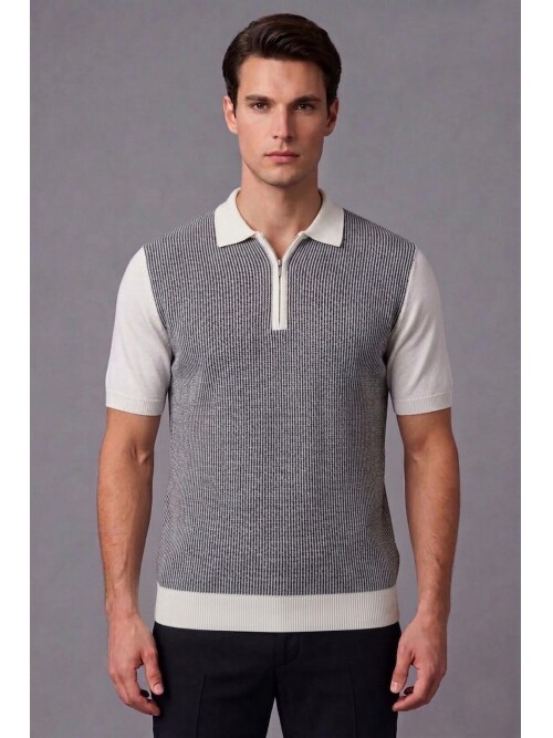 Navy Patterned Quarter-Zip Polo Knit Shirt