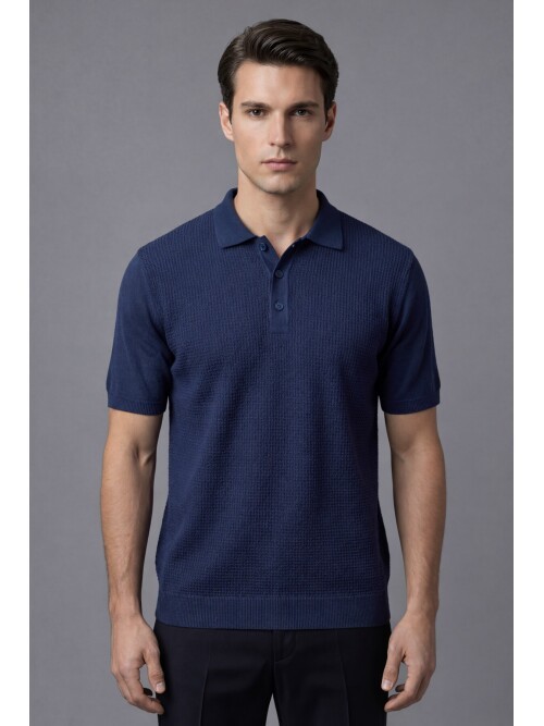 Navy Blue Patterned Polo Neck 3-Button Short Sleeve Knitwear
