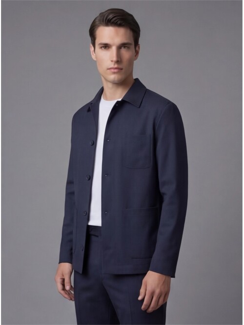 Lacivert Gömlek Yaka Düğmeli Torba Cepli Takım