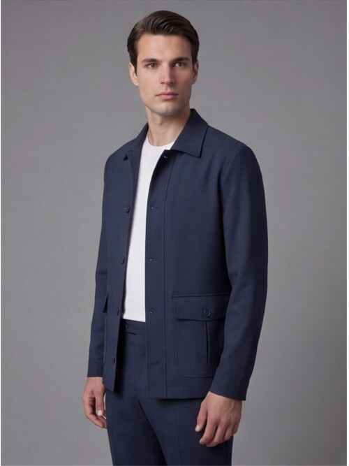 Lacivert Gömlek Yaka Düğmeli Torba Cepli Takım