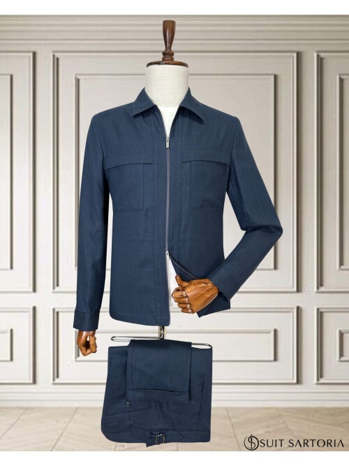 Lacivert Keten Safari Takım Elbise