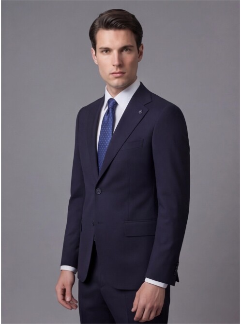 Lacivert Mono Yaka İki Düğmeli Slim Fit Takım Elbise