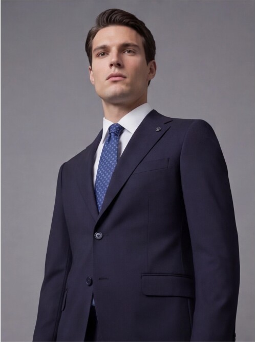 Lacivert Mono Yaka İki Düğmeli Slim Fit Takım Elbise