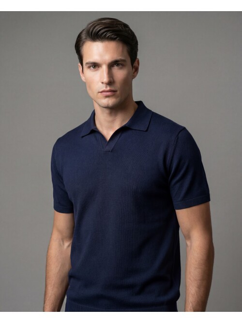 Navy Blue Polo Neck 3-Button Short Sleeve Knit