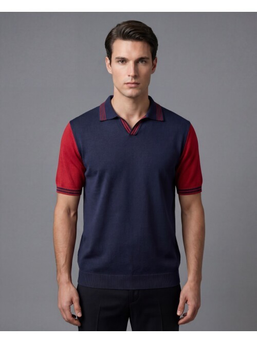 Lacivert Polo Yaka Kontrast Kollu Triko Tişört