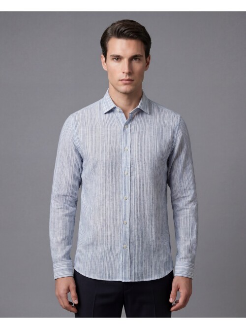 Lacivert Regular Kalıp Çizgili Uzun Kollu Gömlek