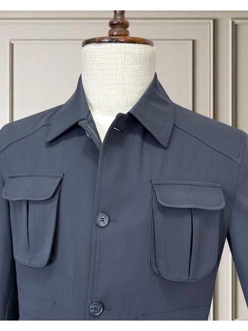 Lacivert Safari Model Dört Cepli Takım Elbise