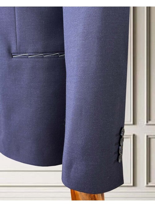 Navy Blue Peak Lapel Double-Breasted Suit with Pick Stitching