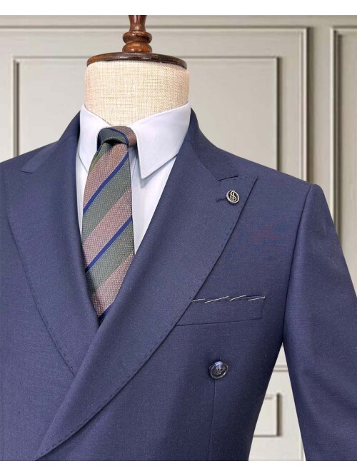 Navy Blue Peak Lapel Double-Breasted Suit with Pick Stitching