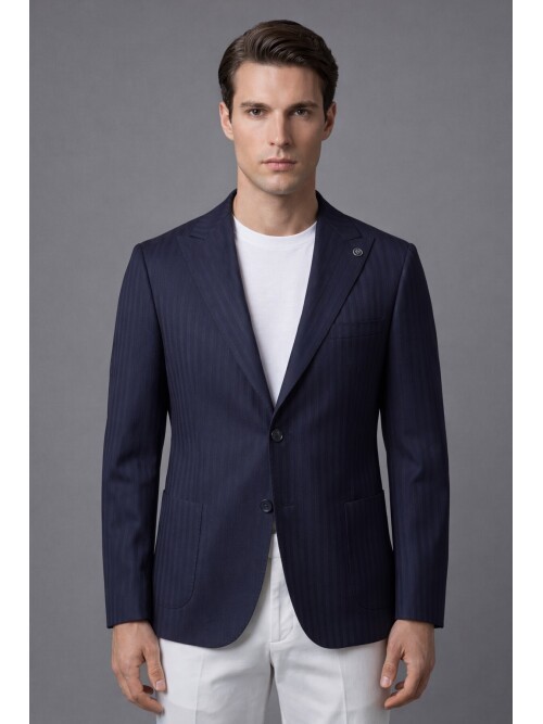 Navy Peak Lapel Patch Pocket Comfort Fit Jacket