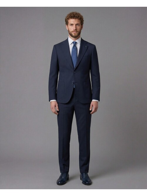Navy Blue Slim Fit Notch Lapel Suit with Patch Pockets