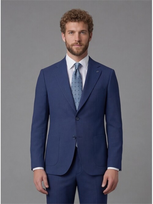 Slim Fit Navy Blue Notch Lapel Suit with Patch Pockets